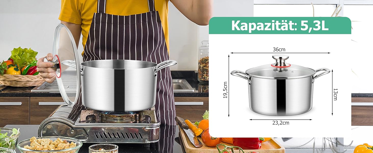 Каструля Homikit 20 см, 3-шарівна з нержавіючої сталі з кришкою з термостійкого скла, 3.3 л для приготування супу, пасти, м'яса, підходить для всіх типів плит, полірована нержавіюча сталь, не має покриття, безпечна, можна мити в посудомийній машині