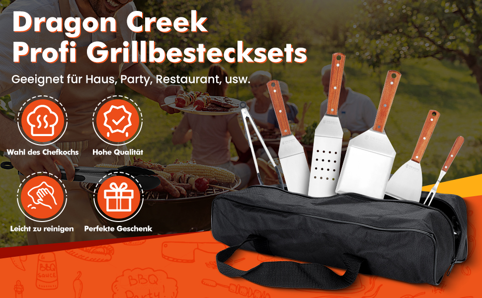 Набір гриль-інструментів Dragon Creek: 6 штук, нержавіюча сталь, аксесуари для гриля, професійний набір для барбекю, лопатка для гриля, з сумкою, ідеально для гриля, тепаньякі, подарунок для чоловіків
