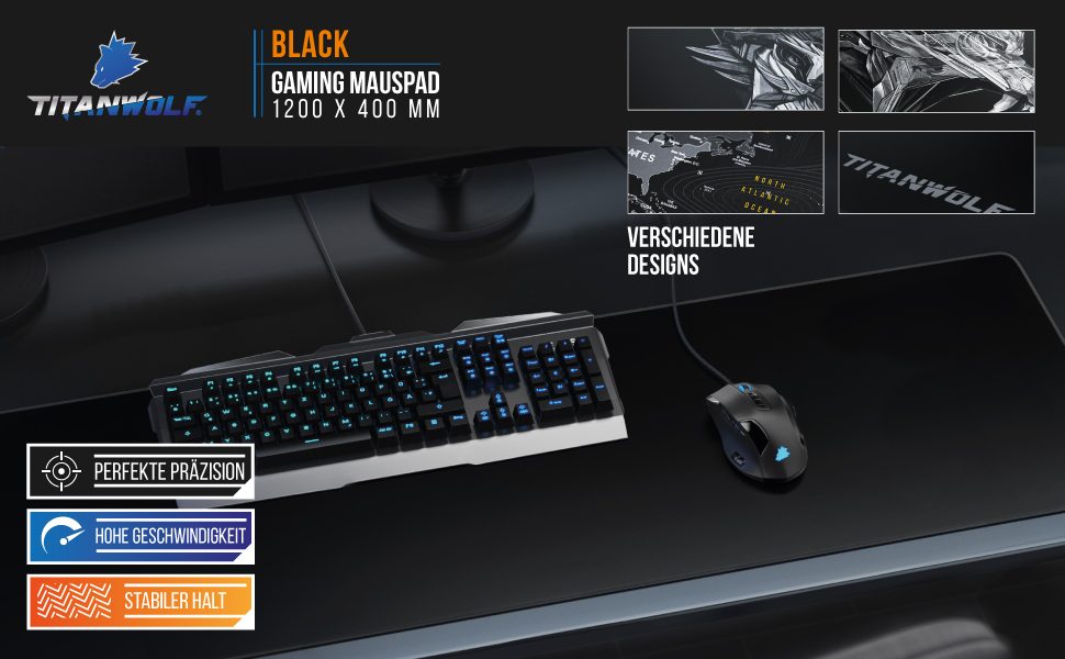 Килимок для миші Titanwolf XXXL 1200x400 мм, ігровий, великий розмір, покращена точність та швидкість, сумісний з Logitech, дизайн Koi (чорний)