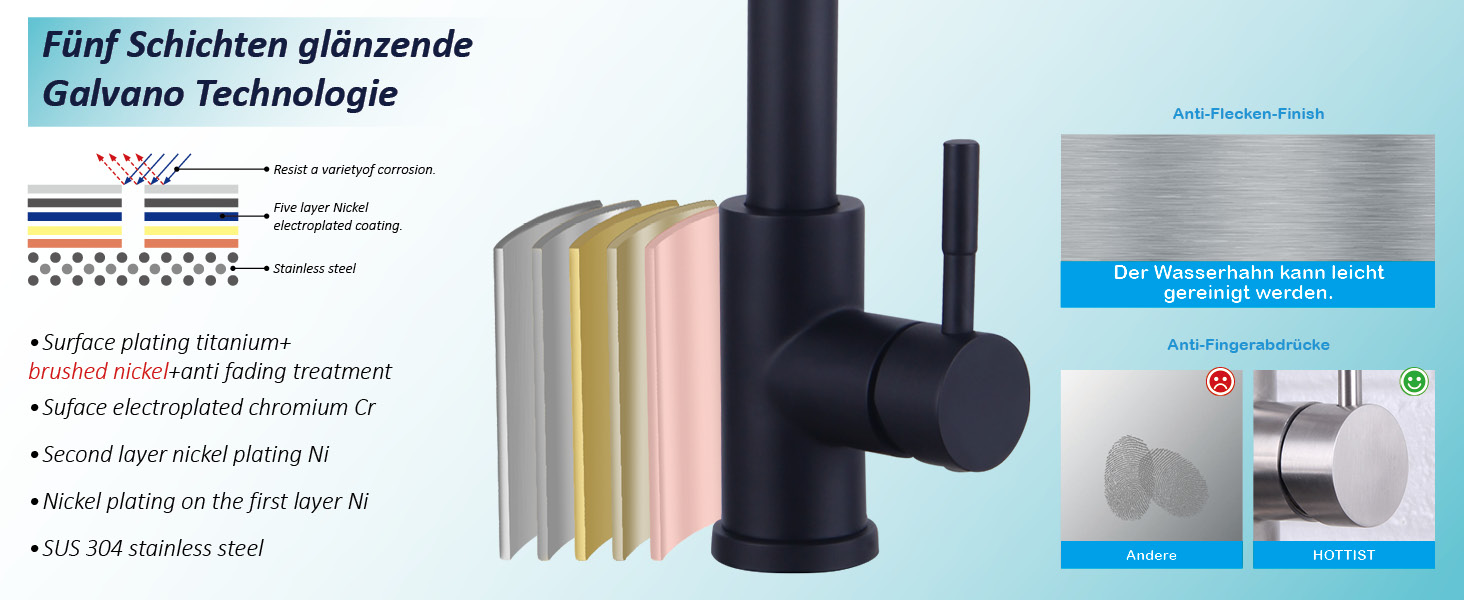 Чорний кухонний змішувач з висувною лійкою, високий поворотний вигин, 360° оберт, 2 режими розпилення, шланговий вилив, нержавіюча сталь, матовий чорний