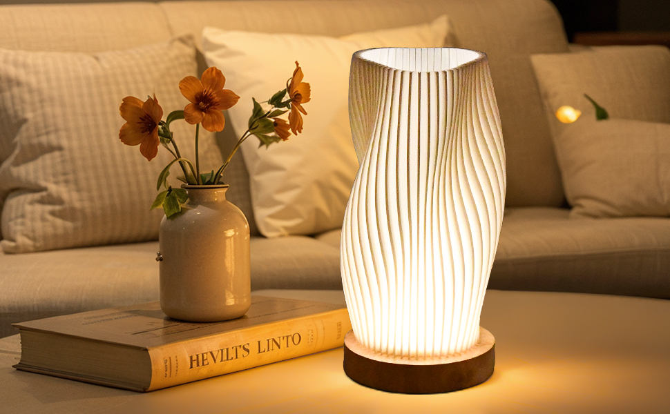 Нічна лампа Focenat з дерев'яним цоколем, 9-рівнів регулювання яскравості, мінімалістична лампа з абажуром з PLA, невелика лампа з кабелем, для спальні, вітальні