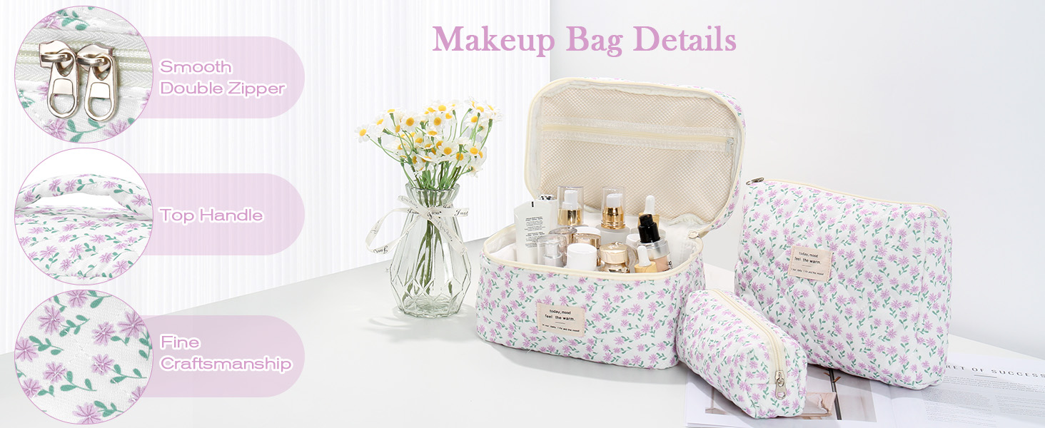 Набір косметичок 3 шт. з квітковим принтом для жінок та дівчат | Косметичка для подорожей та повсякденного використання | Набір косметичок з вишивкою (фіалково-павлинний)