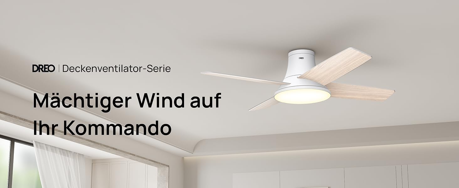 Вентилятор стельовий Dreo з підсвічуванням та пультом, 112 см, чорний, 5 лопатей, 6 рівнів регулювання яскравості, 6 швидкостей, тихий, таймер, легка збірка, для спальні