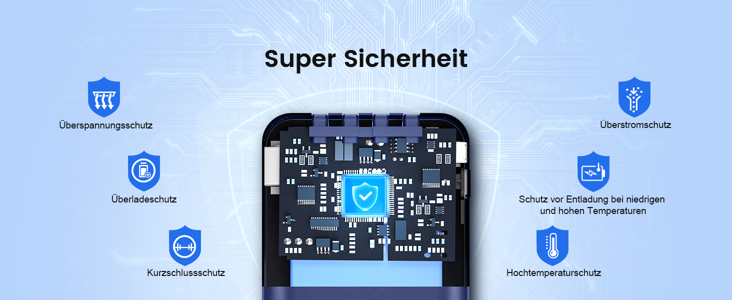 Powerbank 26800mAh з 4 вбудованими кабелями, 22.5W, LED дисплеєм та підставкою, блакитний. Сумісний з iPhone, iPad, Samsung Galaxy.