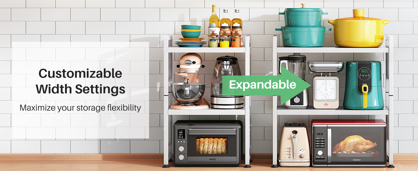 Поличка для мікрохвильової печі SAYZH, 3-рівнева висувна, органайзер для кухні з 10 гачками, біла