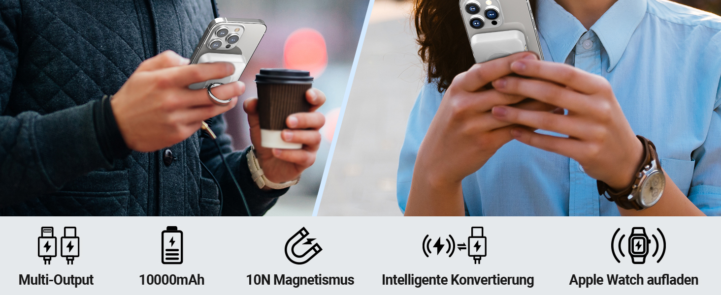 Power Bank 5-в-1 з 2 кабелями, 10000 mAh, магнітна бездротова батарея з кріпленням та підставкою, швидка зарядка, зовнішній акумулятор для iPhone 16/15/14/13, iWatch, подорожі, кемпінг, на вулицю