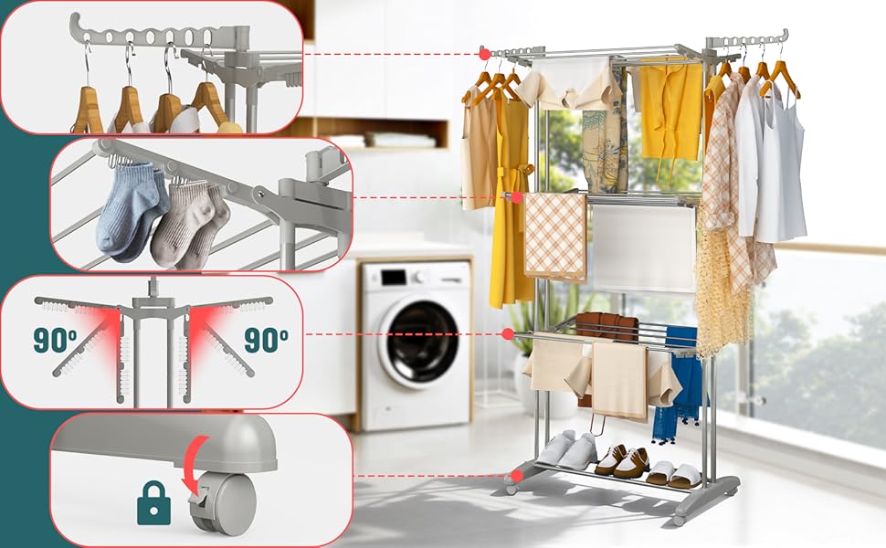 Внітрішній та зовнішній сушильник для білизни Vounot® з 4 ярусами, сірий, 125x62x173 см