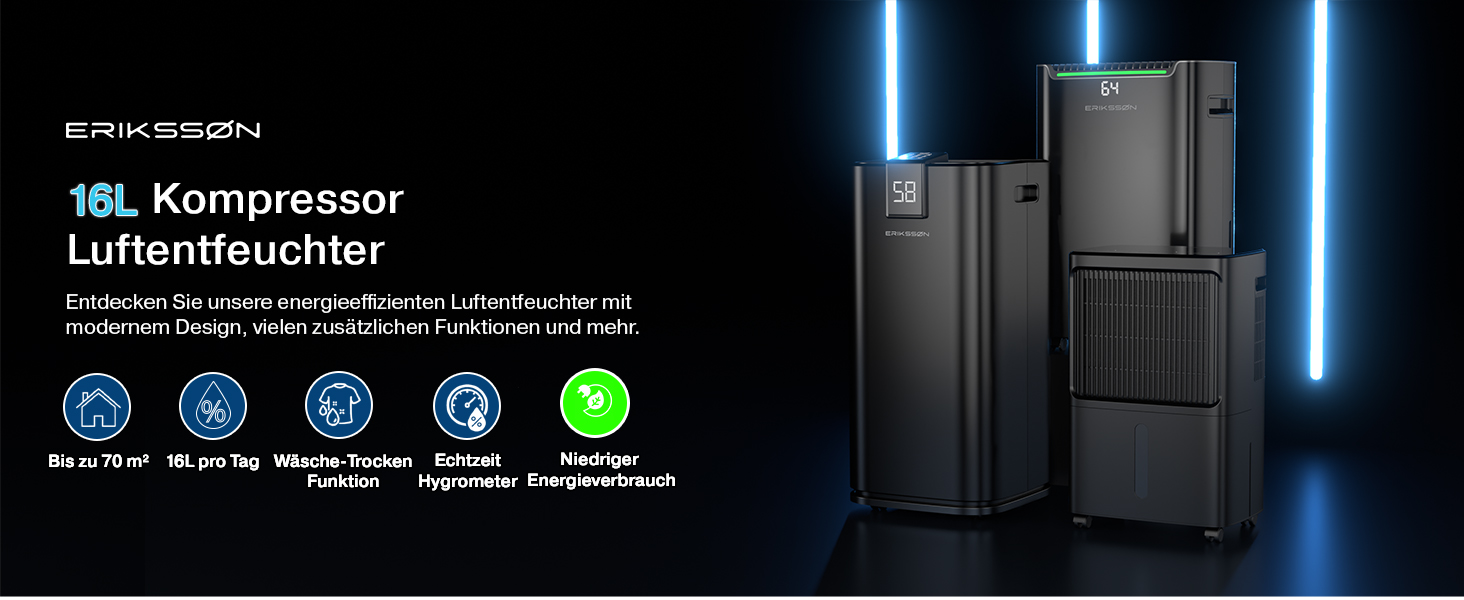 Зволожувач повітря Erikssøn з LED дисплеєм, таймером та захистом для дітей | видаляє 16 л вологи на добу | для приміщень до 140 м³ (70 м²) | енергоефективний зволожувач з датчиком вологості, білий (чорний)
