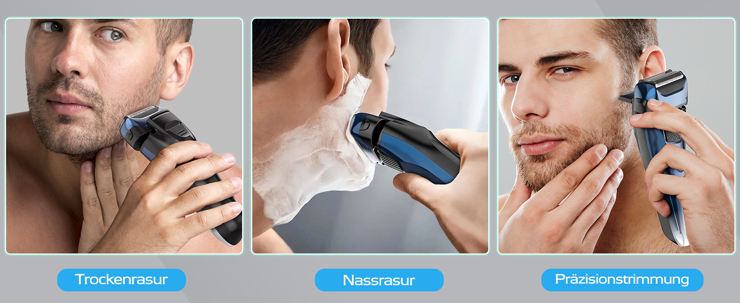 Електрична бритва чоловіча з 3 гнучкими лезами та тримером, синя. Бритва для вологого та сухого гоління, з кейсом для подорожей, акумуляторна, 120 хв роботи. Подарунок для чоловіків