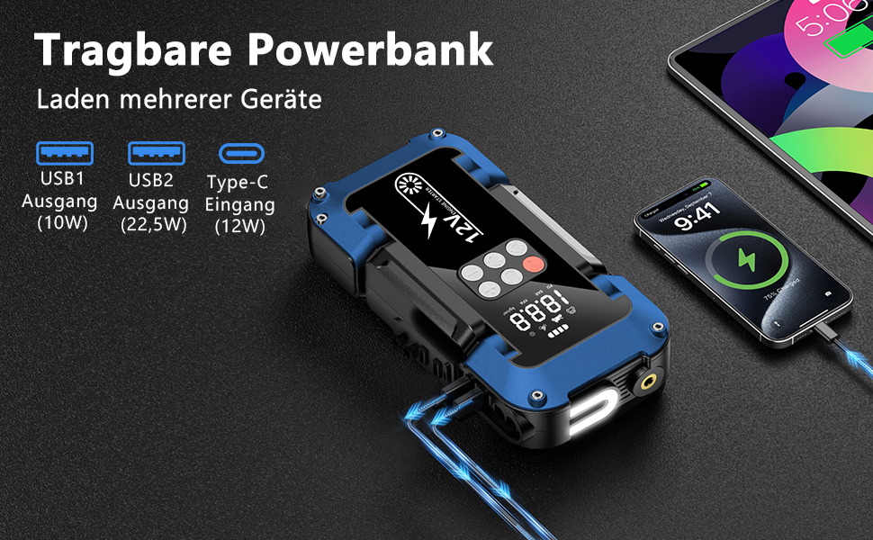 Powerbank Starthilfe 150PSI: портативний стартер для авто з компресором, 26800mAh, LED-ліхтар, LCD-дисплей