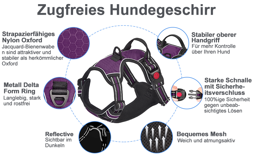 Нашийник для собак Haapaw без натягу, регульований, світловідбиваючий, Оксфорд, зручне керування, середній розмір, з міцним поводом (M, 1 шт.), фіолетовий