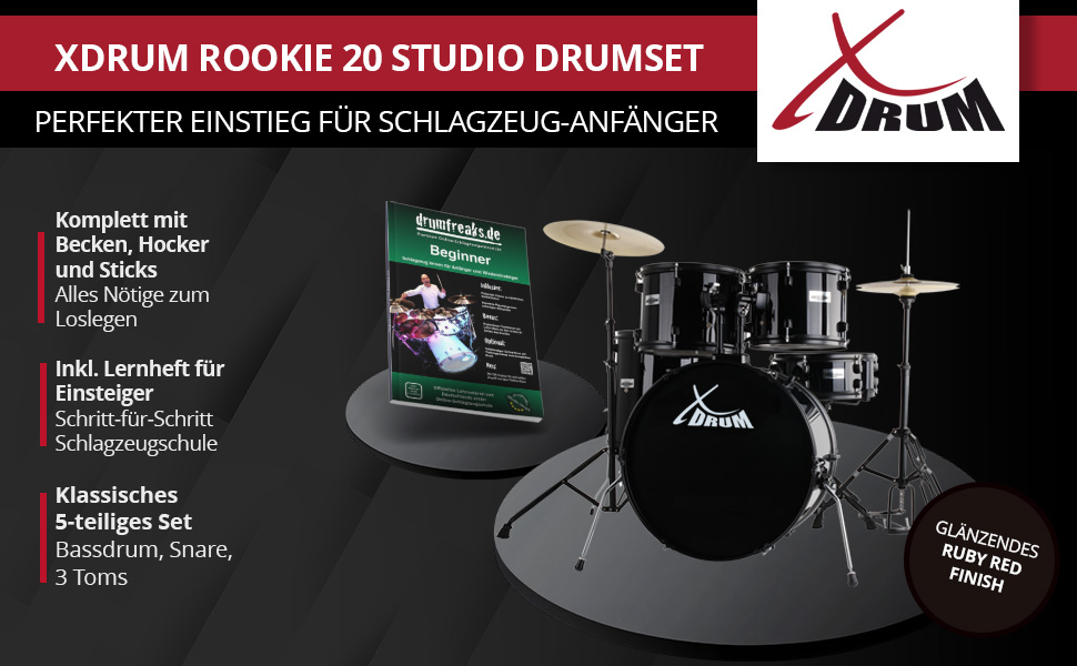 XDrum Rookie 20' Комплект барабанів для студії Black - Ідеальний для початківців - Стильне чорне обладнання - З паличками, інструкцією та школою барабанщиків