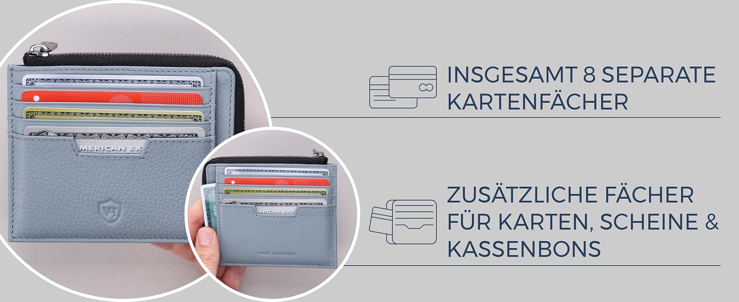 Шкіряний RFID картхолдер VON HEESEN з наппа-шкіри для чоловіків та жінок, 9 відділень, горизонтальний (Світло-блакитний)