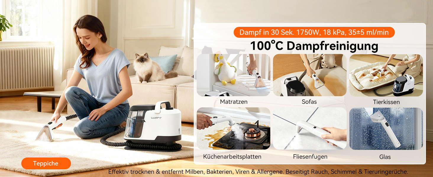 Uwant Y100 Пароочисник для диванів, килимів та авто. 3-в-1, 18KPA, 1750W, 65°C, самоочищення, 7 насадок та засіб для чищення, 2 роки гарантії