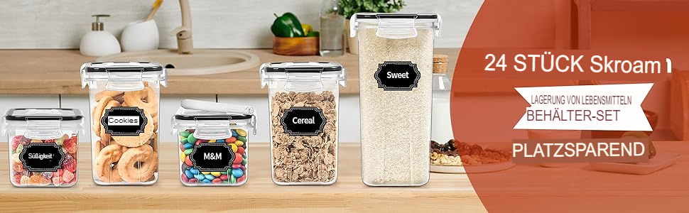 Набір контейнерів для зберігання Skroam (24 шт.), BPA-free, для крупи, цукру, борошна, з етикетками (чорний)