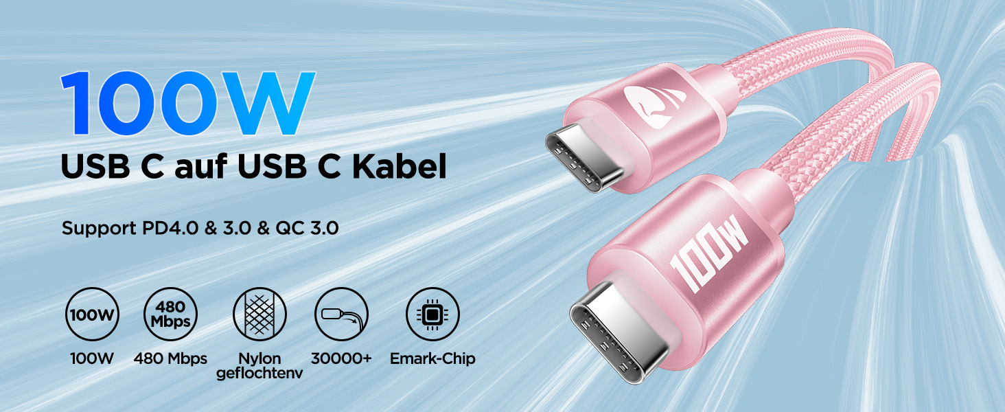 Кабель USB-C на USB-C [2 шт.] 100W, 3м + 3м, рожевий. Підтримка PD, швидка зарядка, для iPhone, Samsung, iPad, MacBook, Pixel, Switch