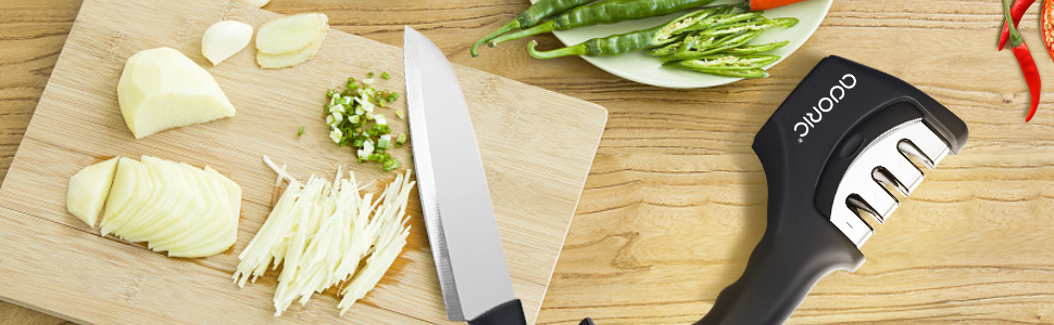 Точилка для ножів Adoric з 3 ступенями, вольфрамовий сталь, діамант, кераміка, чорна