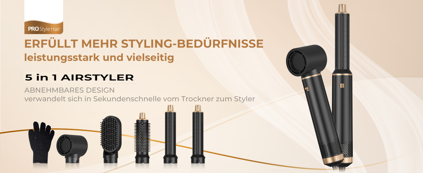 Airstyler Föhnbürste 5 в 1: фен-щітка, 1000W, для створення локонів та об'єму, чорний