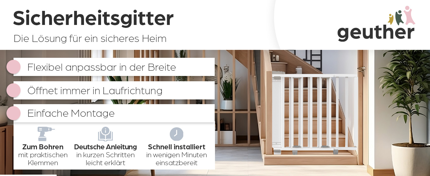 Захист для сходів Geuther Oris | Дверний захист для сходів з кріпленням, 2 клямки для поручнів, ширина | Стабільний захист з розпадною дверцятами | Дерев'яне дитяче гiтер, натуральний лак (білий, 95-135 см)