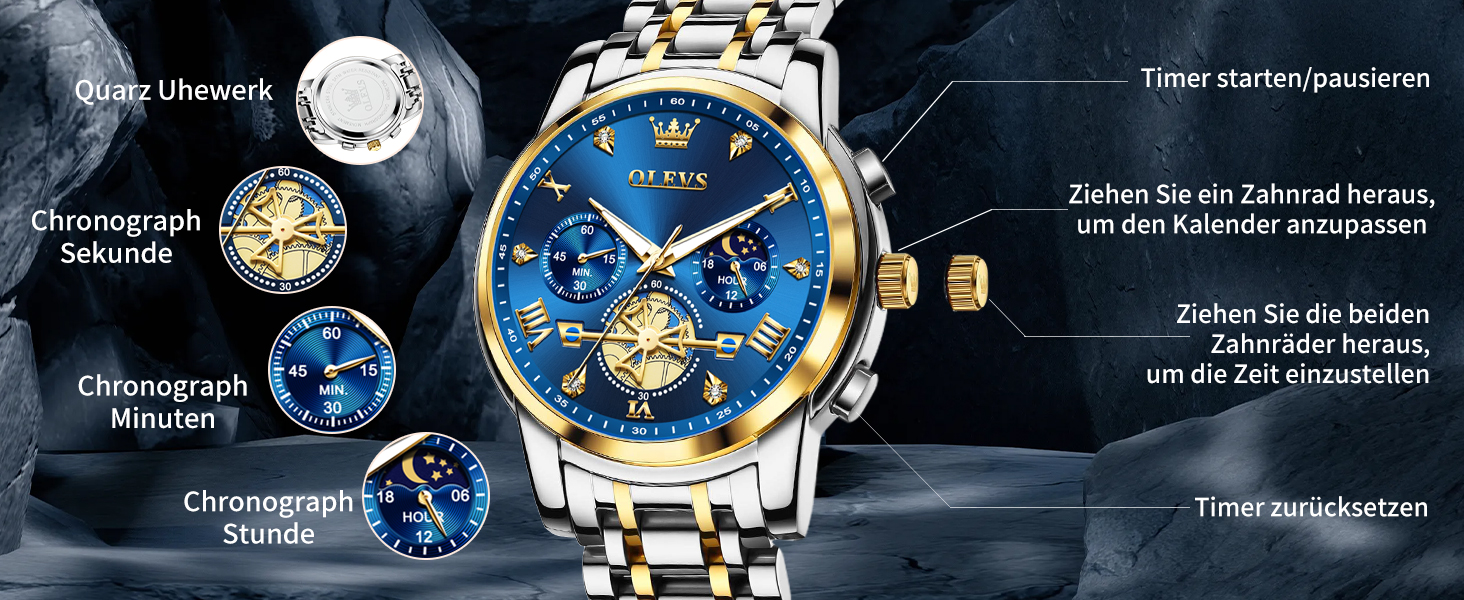 Чоловічий годинник-хронограф OLEVS: водонепроникний кварцовий годинник зі сталевим ремінцем (золото-срібло) та синім циферблатом, бізнес-стиль