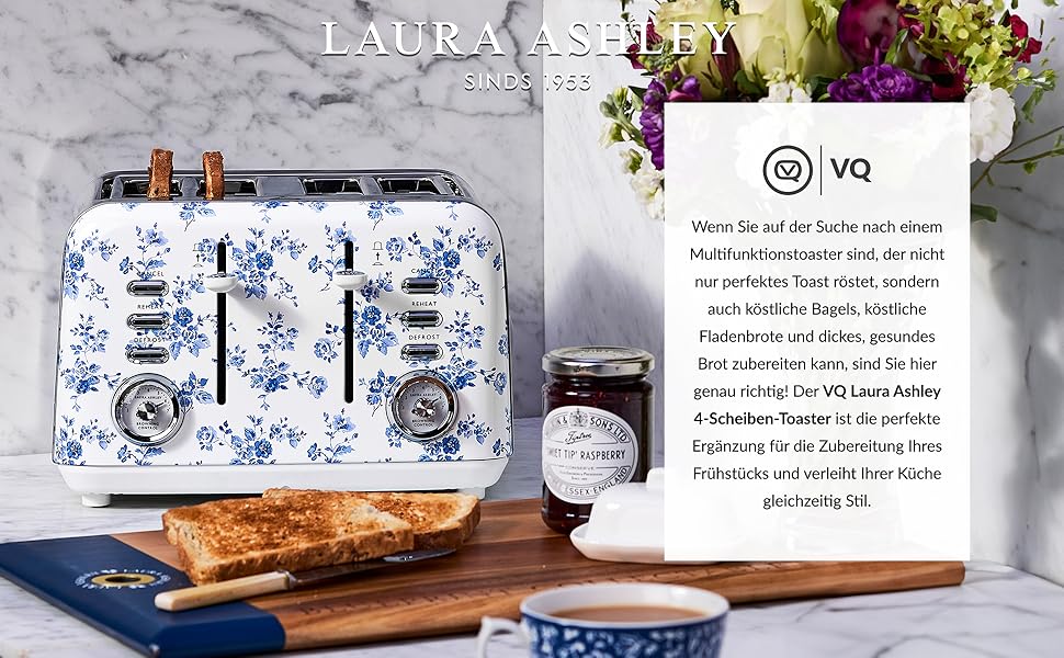 Тостер VQ Laura Ashley з 4-ма тостами, регулюванням нагріву, функціями розморожування та підігріву, з насадкою для круасанів, нержавіюча сталь, ретро-дизайн, колір 