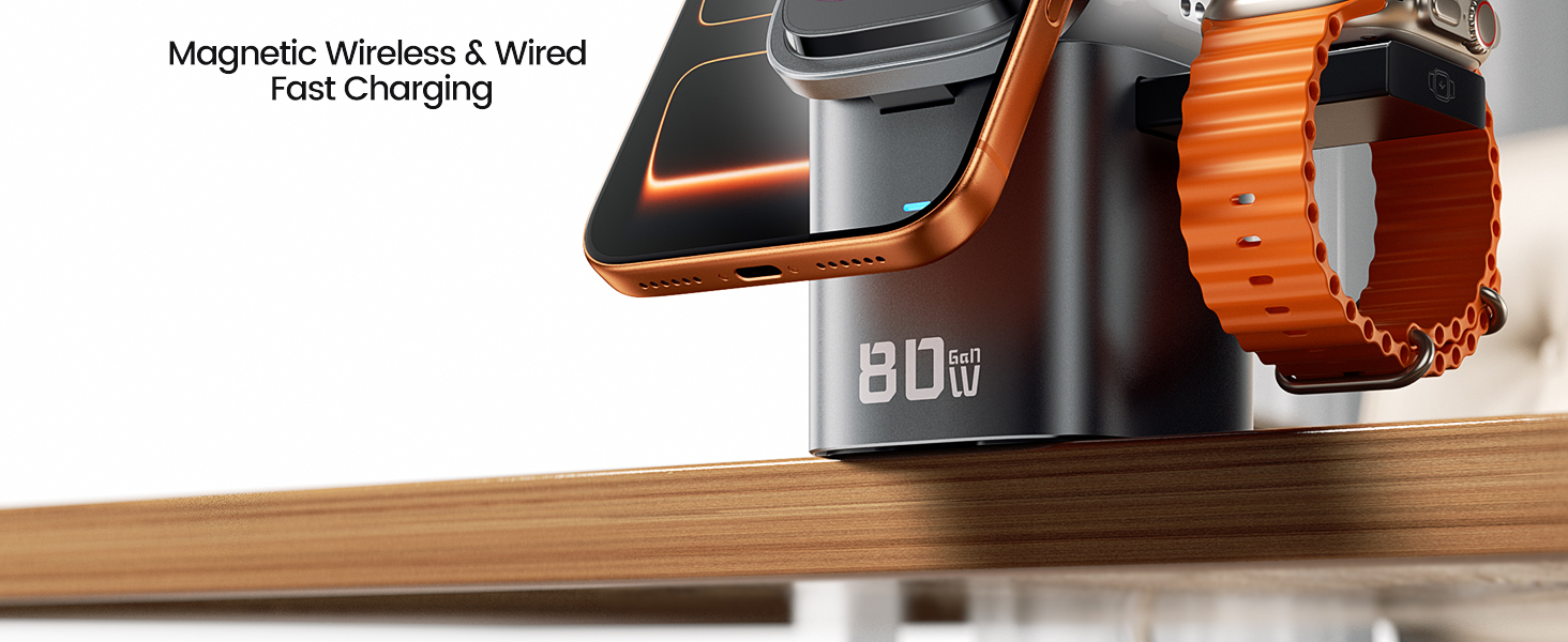 Зарядний пристрій Toocki 80W GaN з USB-C та USB-A, 6 портів, з вбудованим кабелем та MagSafe для MacBook, iPhone 17 Pro Max, Galaxy S24 та інших пристроїв