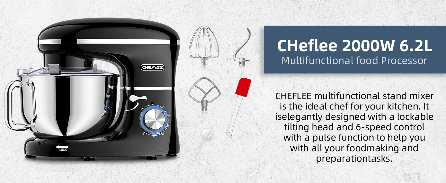 Кухонна машина Cheflee для тіста, 2000W, 6.2L чаша з нержавіючої сталі, 6 швидкостей, низький шум, міксер, гак для тіста, захист від бризок, чорний