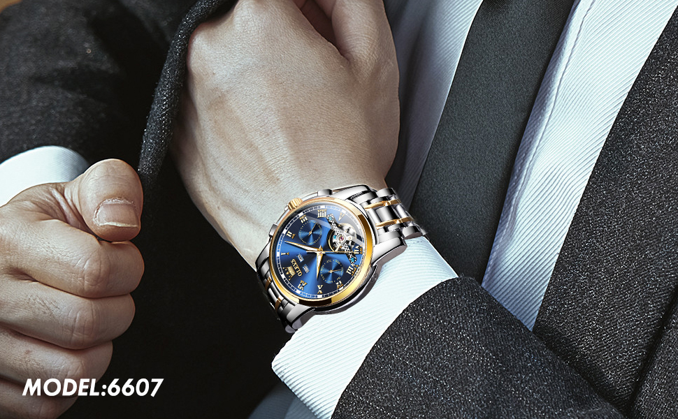 Годинник чоловічий OLEVS Automatik Gold чорний з турбійоном, календарем, водонепроникний, світловий, двоколірний, чоловічий, синій/золотий