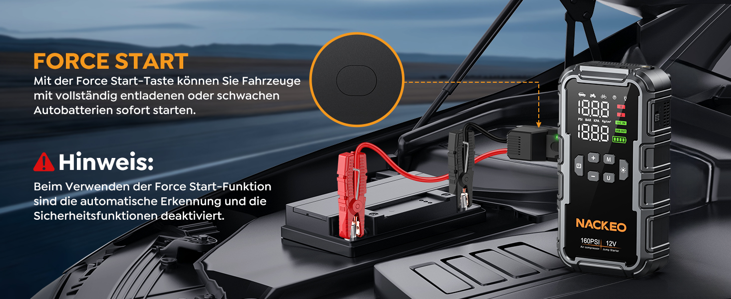 Powerbank для автомобіля з компресором 160PSI та пусковим струмом 12V (бензин/до 12L дизель) з LED-ліхтарем та LCD-дисплеєм