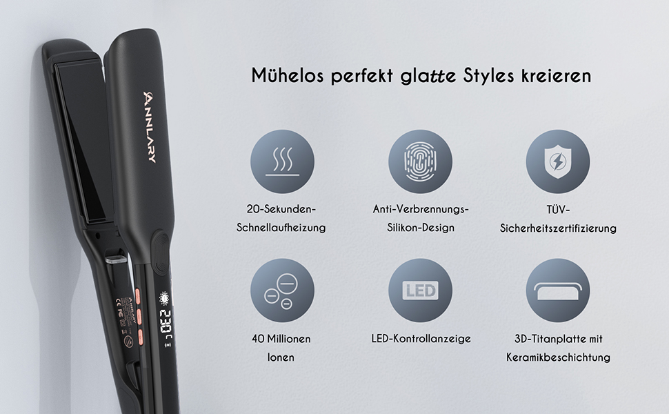ANNLARY 2-in-1 Hair Straightener & Curling Wand with Titanium Ceramic Ion Technology - Anti-Heat Silicone Protection for Less Split Ends, Shiny Hair - Dual Voltage (110-240V) - Black/Rose Gold (1.75 inch)