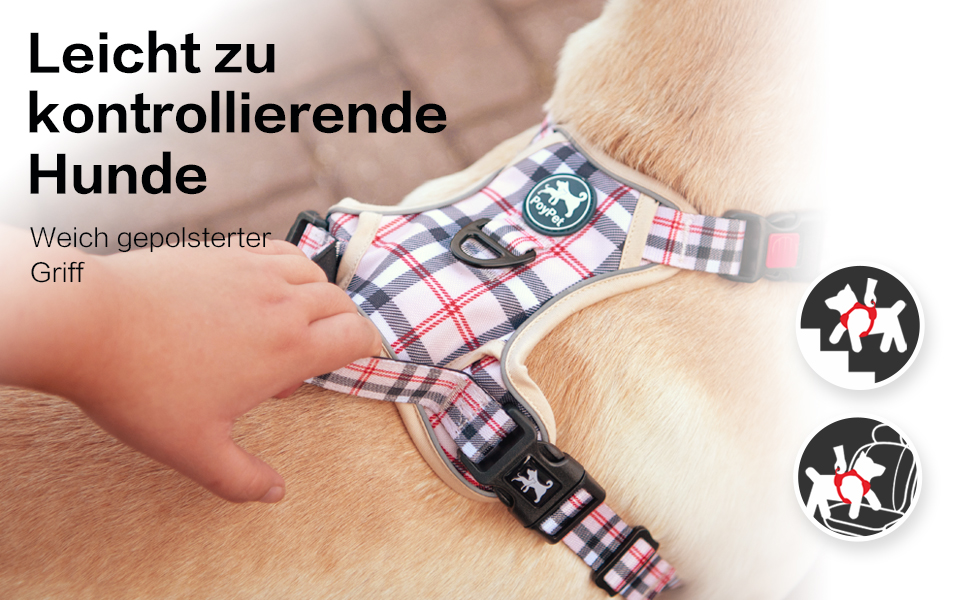 Нашийник для собак PoyPet без натягу, світловідбиваючий, м'який, з легким доступом, для маленьких собак (S, в клітинку, бежевий)