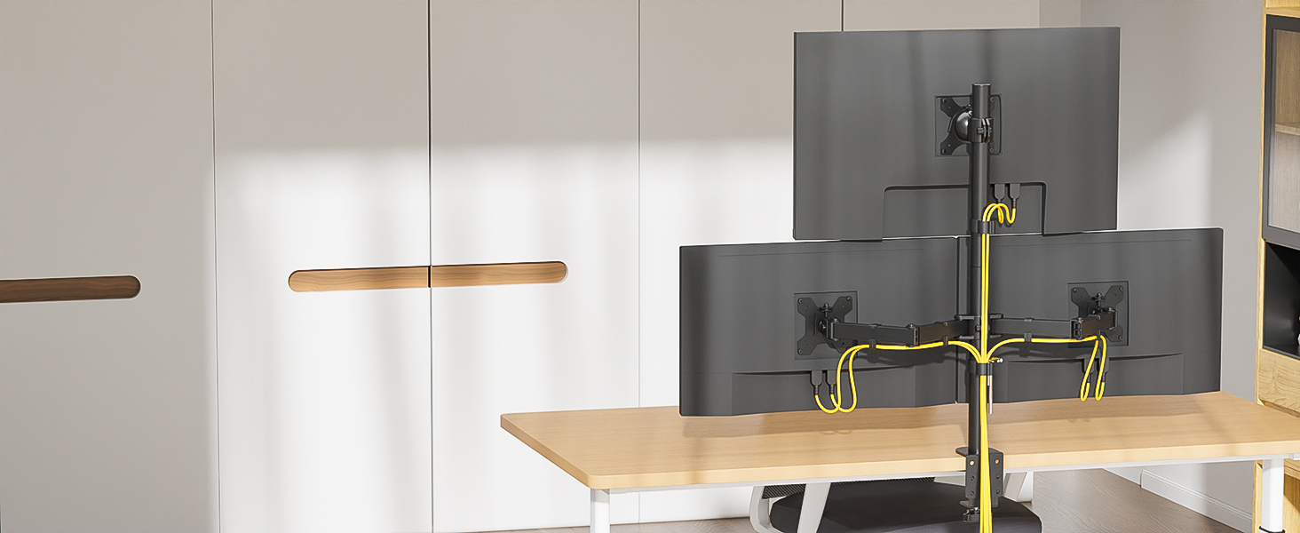 Тримач для моніторів Bontec на 3 монітори, регульована висота, 360° оберт, для моніторів 27-32 дюймів, 30 кг на кріплення, 2 способи встановлення, для офісу та геймінгу, VESA 75x75mm/100x100mm