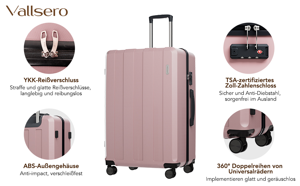 Набір валіз, багажний набір, роликові валізи, дорожній набір валіз 5шт, ABS пластик, TSA замок, містить 1 сумку та 1 косметичку, 4 колеса, телескопічна ручка з алюмінію (рожеве золото)