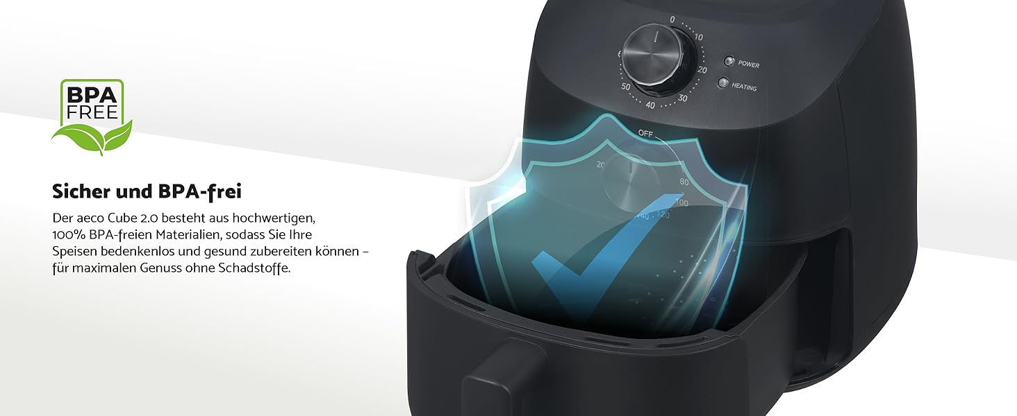 Фритюрниця Aeco Cube 2.0 Mini – компактна, 2 літри, без BPA, таймер 60 хв, антипригарне покриття, 80% менше олії, енергоефективна, з автовимкненням