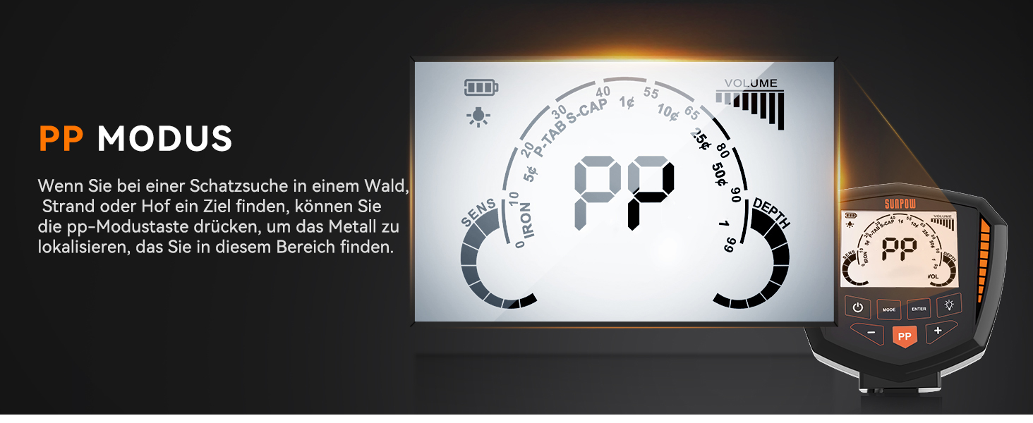 Металошукач SUNPOW – 5 режимів, професійний для дорослих, з Pinpointer, водонепроникний IP68, 30см котушка, 2 HD-LCD дисплеї, DSP-чип, регульований стержень, міцна спіральна структура, повний комплект (OTMD07)
