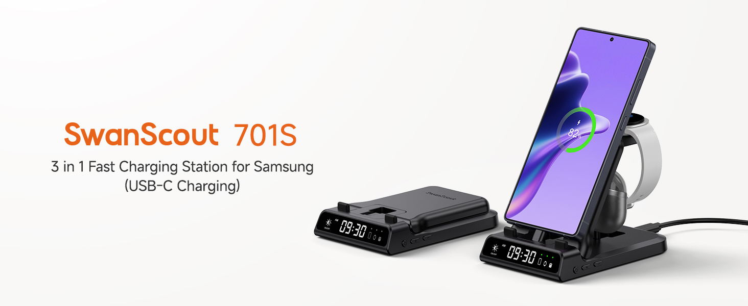 Зарядний станція SwanScout 701S 3-в-1 для Samsung Galaxy: телефони, навушники, годинники (USB-C)