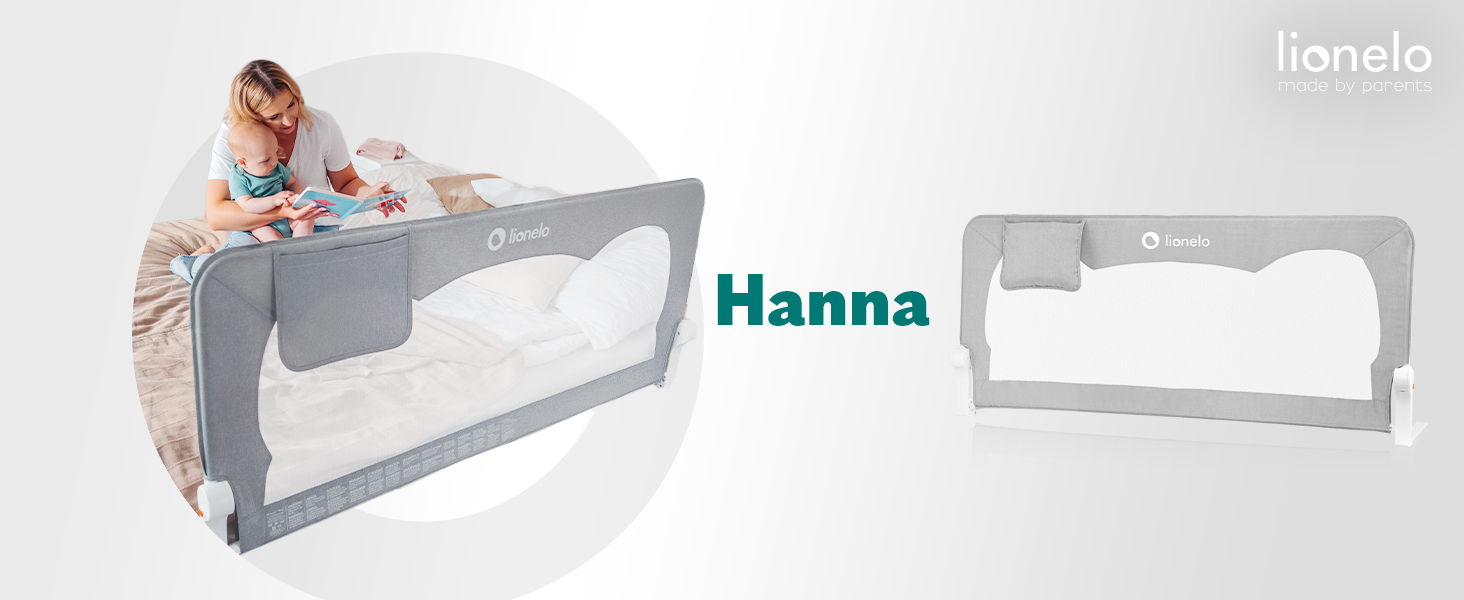 Захисний бортик для ліжка Lionelo Hanna 150x66 см, складаний на 180°, сітчастий, легкий монтаж, блокування, SecureBelt, міцна конструкція, сірий