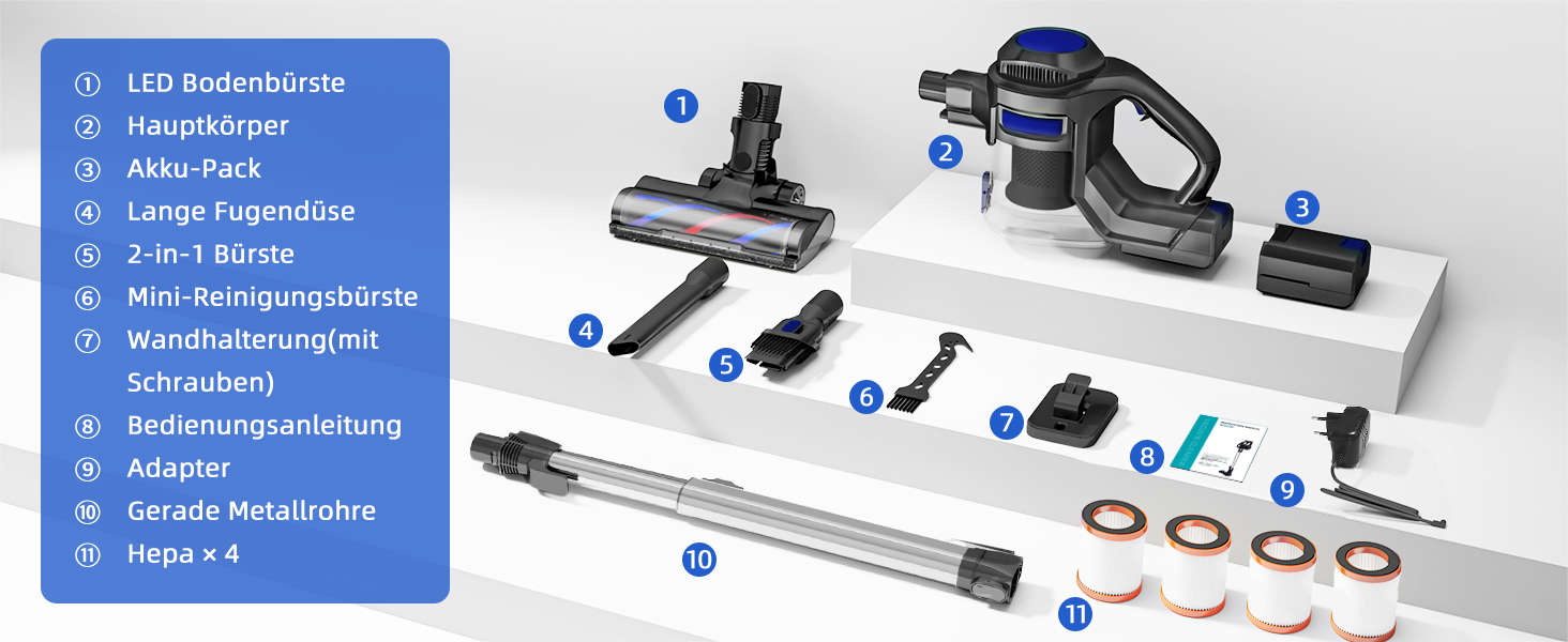 Бездротовий пилосос Authmic 40000Pa з акумулятором, час роботи до 50 хв, об'єм контейнера 1.6л, HEPA фільтр x4, для килимів, твердих підлог та шерсті тварин (блакитний)