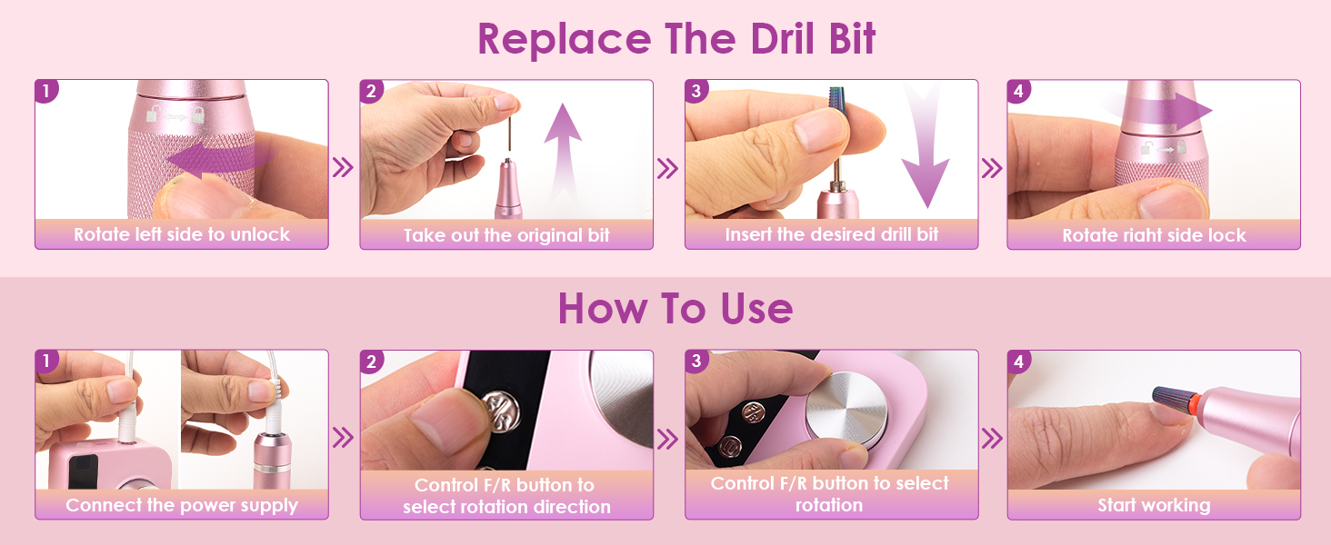 Електричний апарат для манікюру та педикюру з LCD-дисплеєм, 40000 об/хв, 15 насадок, рожевий. Для професійного та домашнього використання