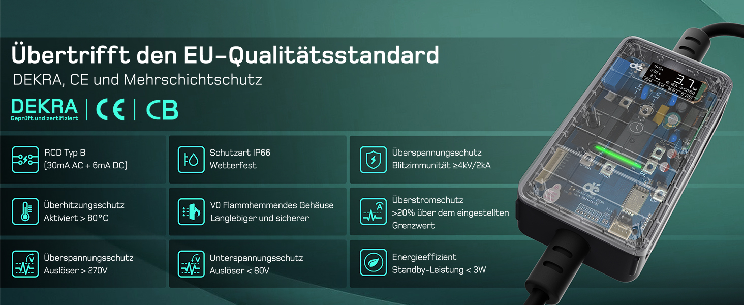 Кабель для зарядки електромобіля Type 2 Schuko 3,7kW, 7м, 6-16A, 1-фазний, з LCD дисплеєм, чорний