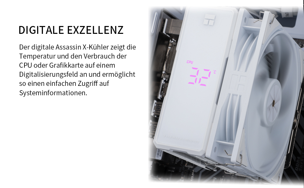 Thermalright Assassin X 120R Digital White - кулер для CPU з цифровим дисплеєм, 4 теплові трубки, PWM вентилятор, підтримка AM5 та Intel LGA1700/1851/1150/1151/1200