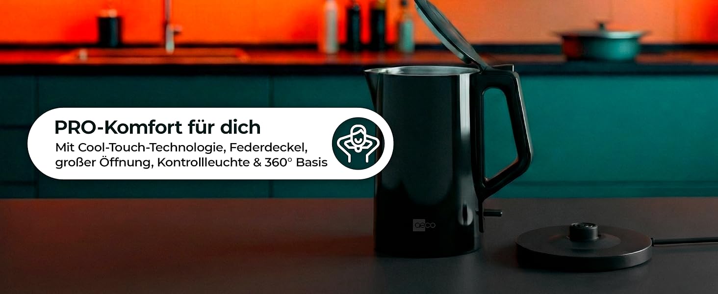 Електричний чайник Aeco AQA NEO з нержавіючої сталі, 1.7 л, 2150 Вт, без BPA, фільтр від накипу, бездротовий, CoolTouch, шампань сріблястий