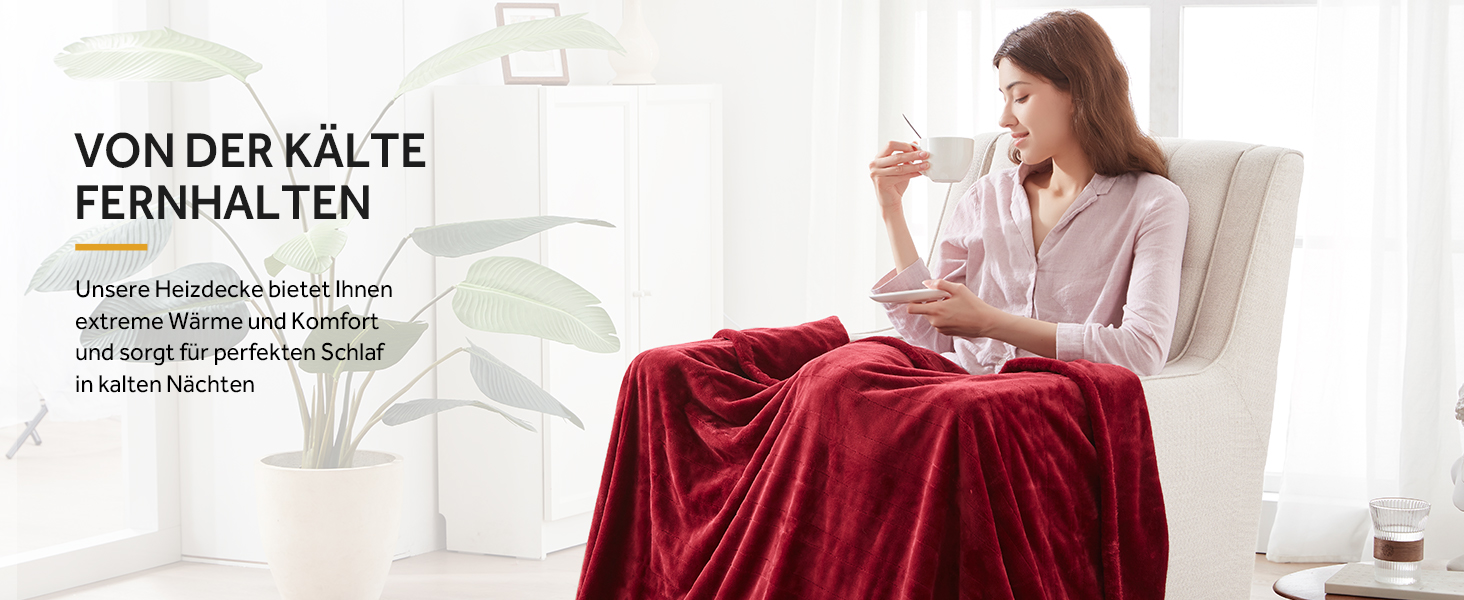 Електрична ковдра Warmrest, фланель, 130x180 см, 6 температурних режимів, таймер 1-10 год, автовимкнення та захист від перегріву, можна прати, 130x180 см (червона)