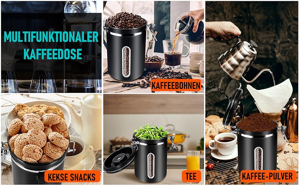 Герметичний контейнер для кави 1 кг: нержавіюча сталь, вікно, датчик дати, мірна ложка 30 мл, CO₂-вентиль, для кавових зерен, чаю, цукру