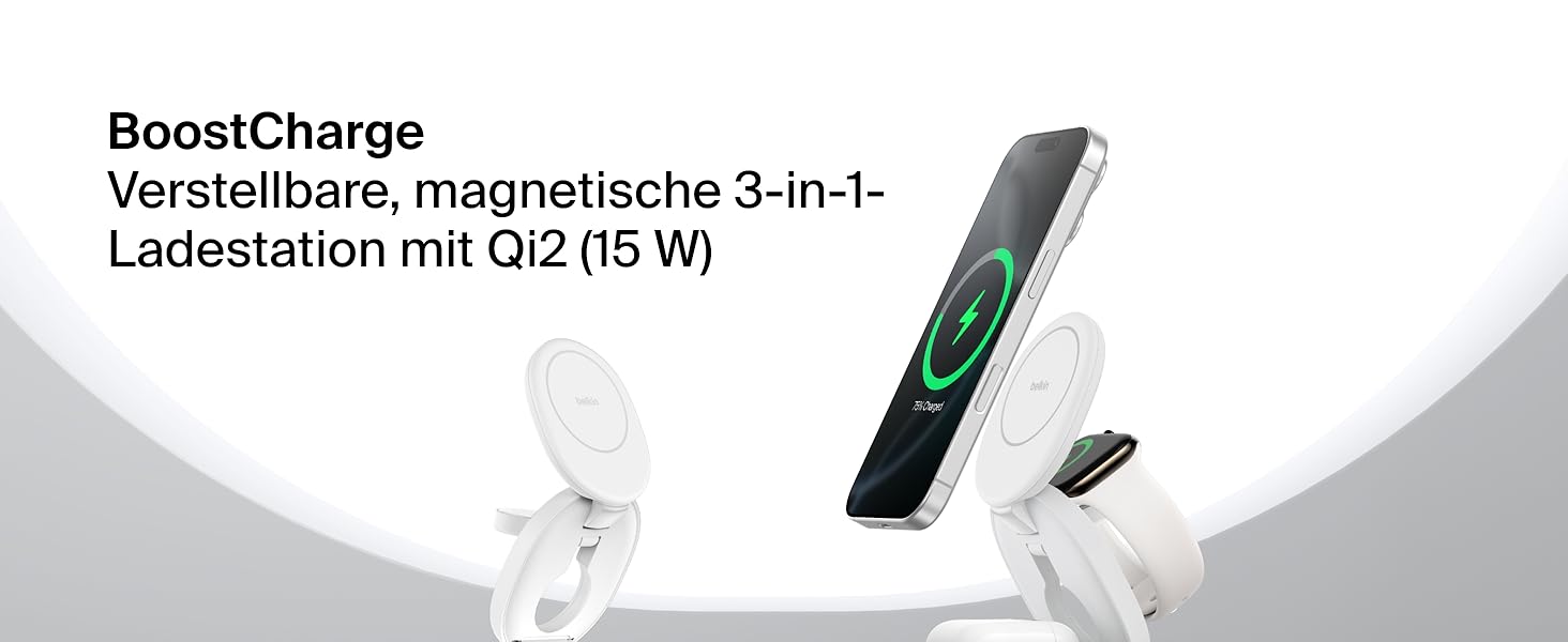 Belkin BoostCharge 3-in-1: Бездротова зарядка з MagSafe, 15W, для iPhone, Apple Watch, AirPods, Pixel, з адаптером 30W