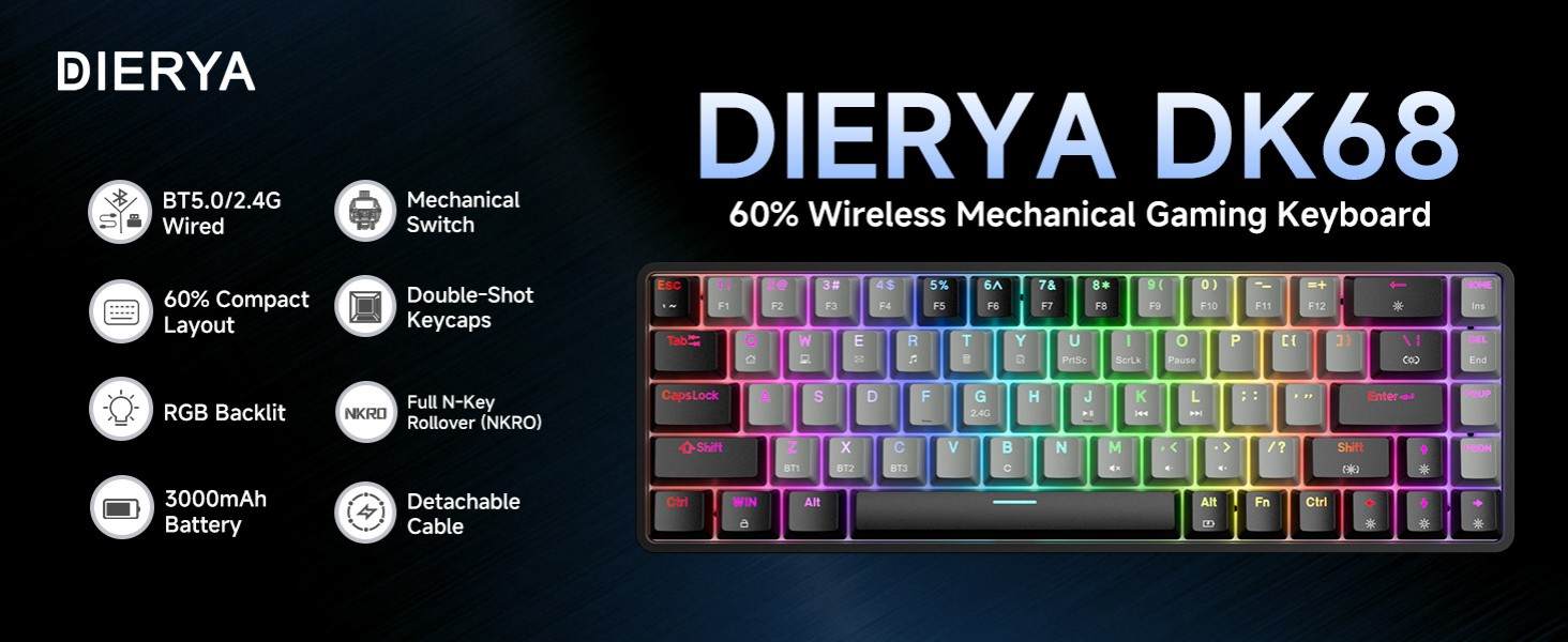 Dierya DK68 - Бездротова ігрова клавіатура з RGB підсвічуванням (68 клавіш, механічний, Linear Red Switch, QWERTY, Bluetooth/2.4GHz/USB-C)