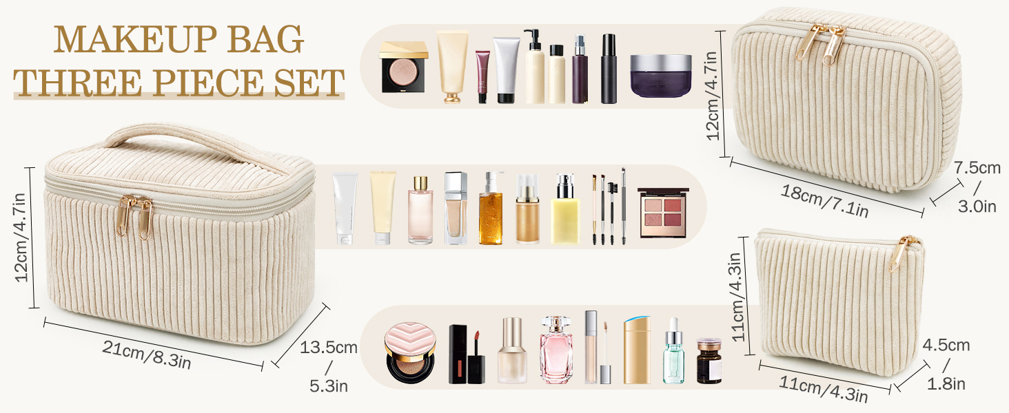 Набір косметичок для жінок: 3 шт. - для макіяжу, подорожей, повсякденного використання. Колір: бежевий