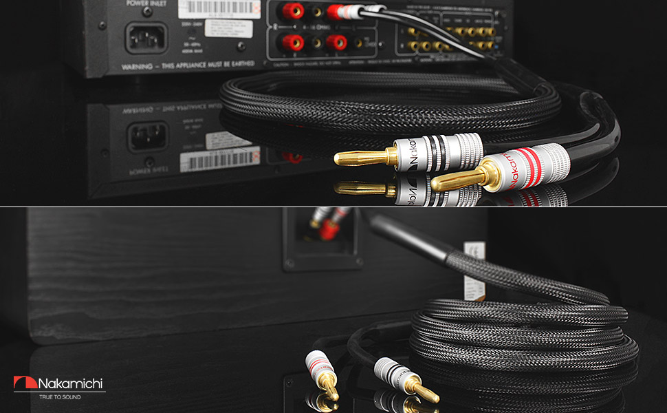 Акустичний кабель Nakamichi 12AWG з банановими роз'ємами 24K золото, 3м, безкиснева мідь (OFC), в обплетенні, для домашнього кінотеатру та підсилювача — Чорний
