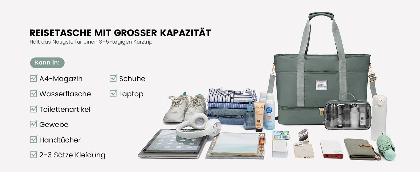 Сумка-валіза LOVEVOOK для жінок, водонепроникна, 42L, зелено-бежева. Ідеальна для подорожей, спортзалу, пологів та Ryanair. Має відділення для взуття та клінічна сумка.