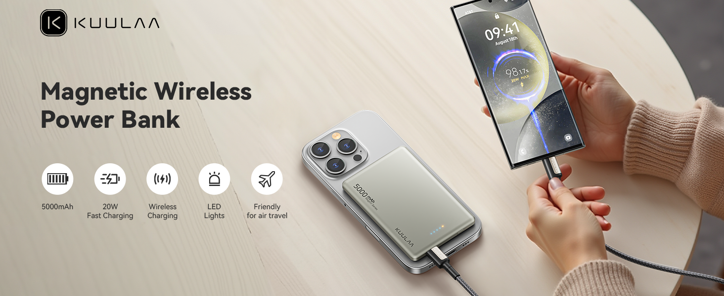 Powerbank Kuulaa Magsafe 5000mAh PD 20W: Тонкий магнітний павербанк для iPhone 15/14/13/12, Titanium